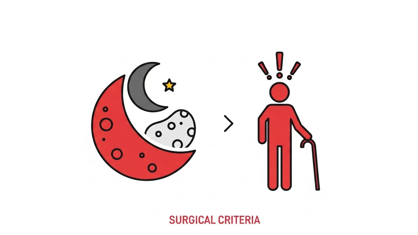 야간 통증과 보행 불가 등 인공관절 수술 시점을 알리는 핵심 위험 지표 그래픽