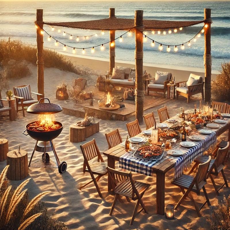 A scenic beachfront barbecue area with a warm and inviting atmosphere, 바닷가 바베큐장