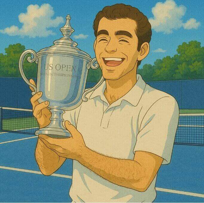 피트 샘프라스가 우승컵을 들고 환하게 웃는 지브리 스타일 그림