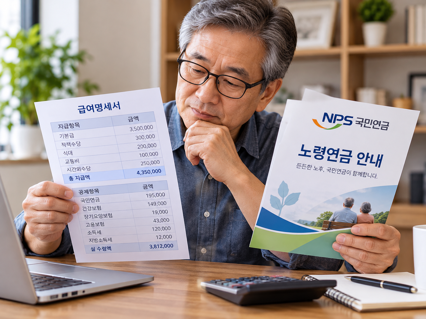 급여명세서와 국민연금 안내자료를 함께 확인하는 중장년 직장인의 이미지