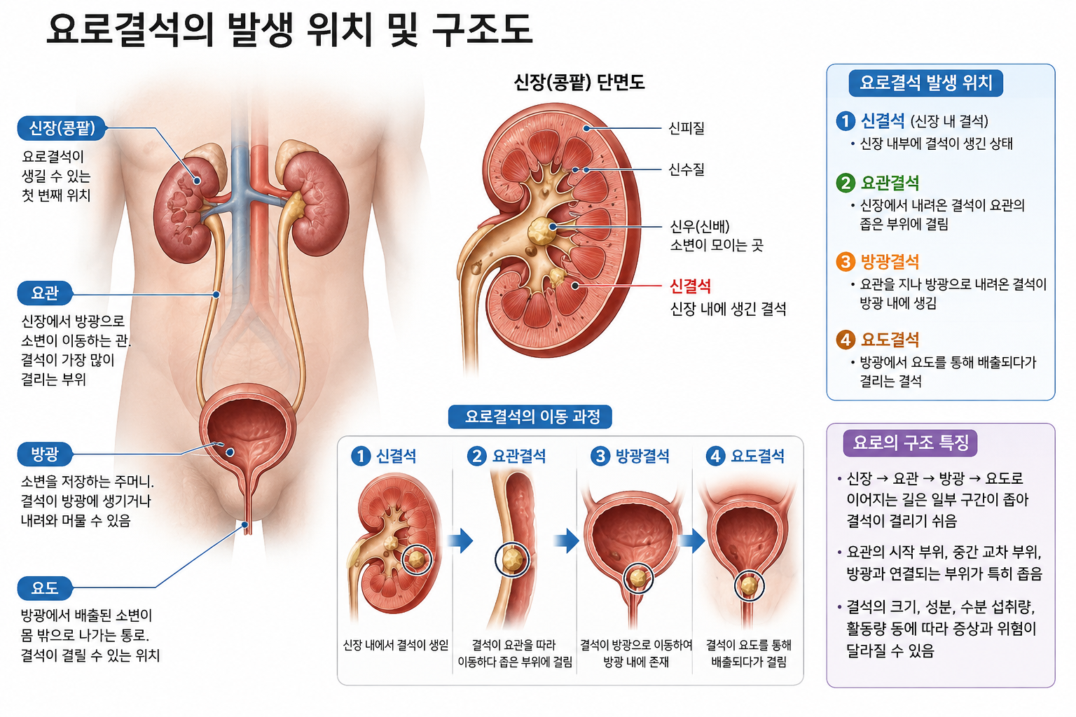 요로결석의 발생 위치 및 구조도 이미지