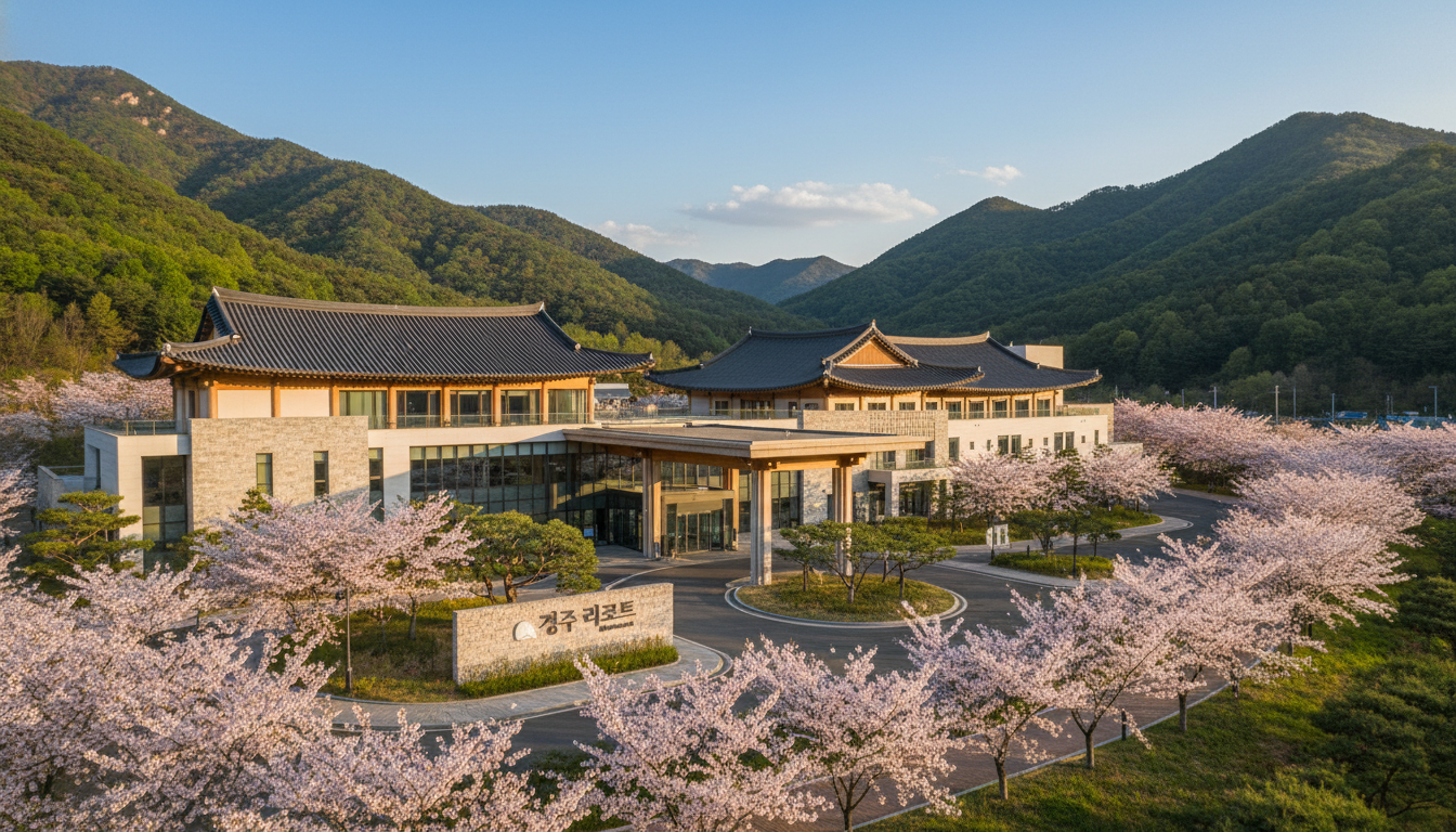 화사한 봄날의 벚꽃과 어우러진 경주 코오롱호텔 전경