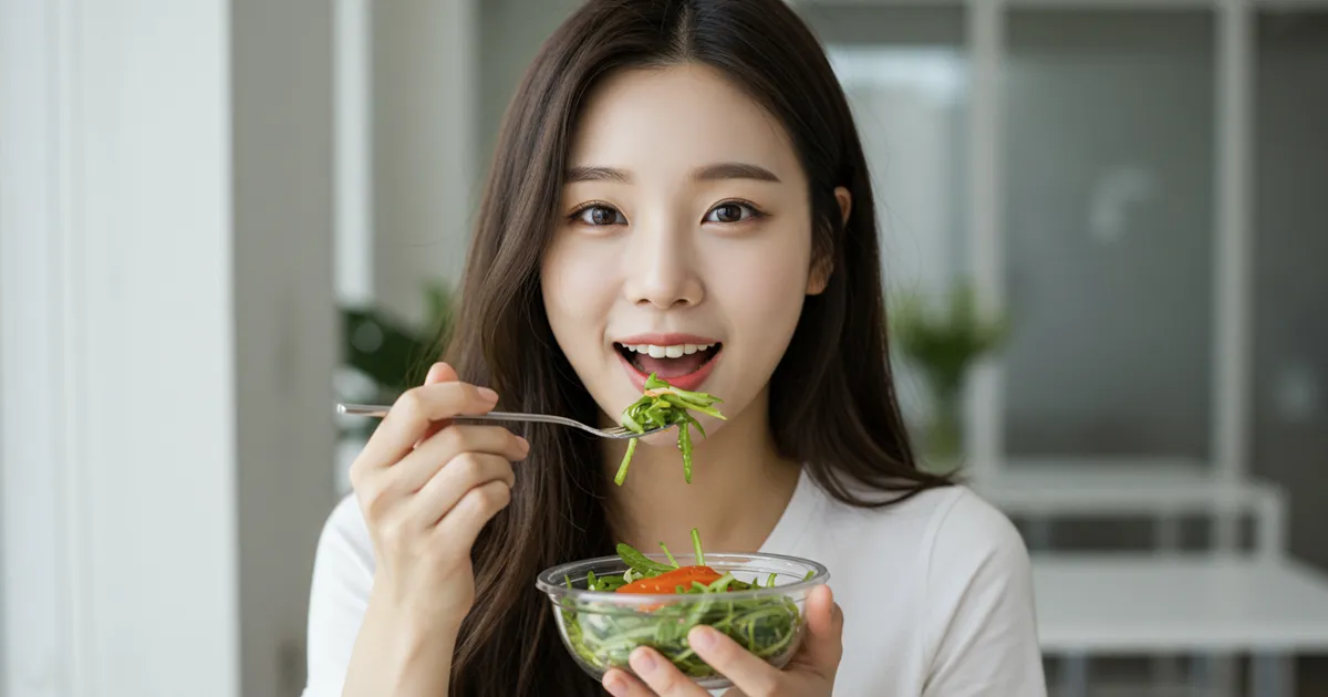 샐러드를 먹고있는 여자 이미지