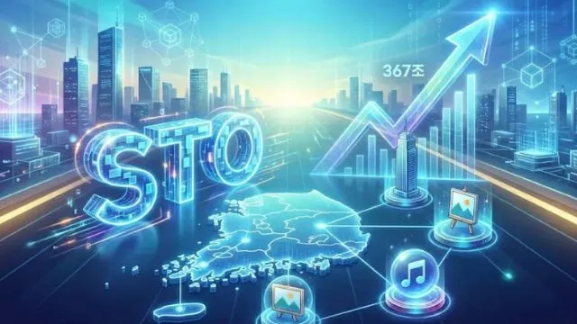 한국 지도와 ‘STO’ 네온 텍스트, 상승 그래프가 어우러진 미래형 금융 도시 이미지로 토큰증권·조각투자·367조 시장 전망을 상징함 (STO token securities, Korea RWA, fractional investment, 367 trillion market forecast)