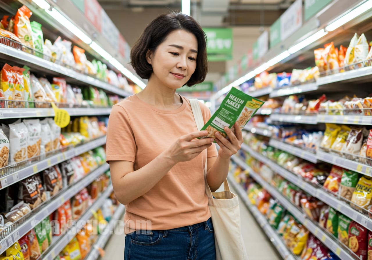 건강식품 라벨을 읽으며 혼란스러워하는 여성