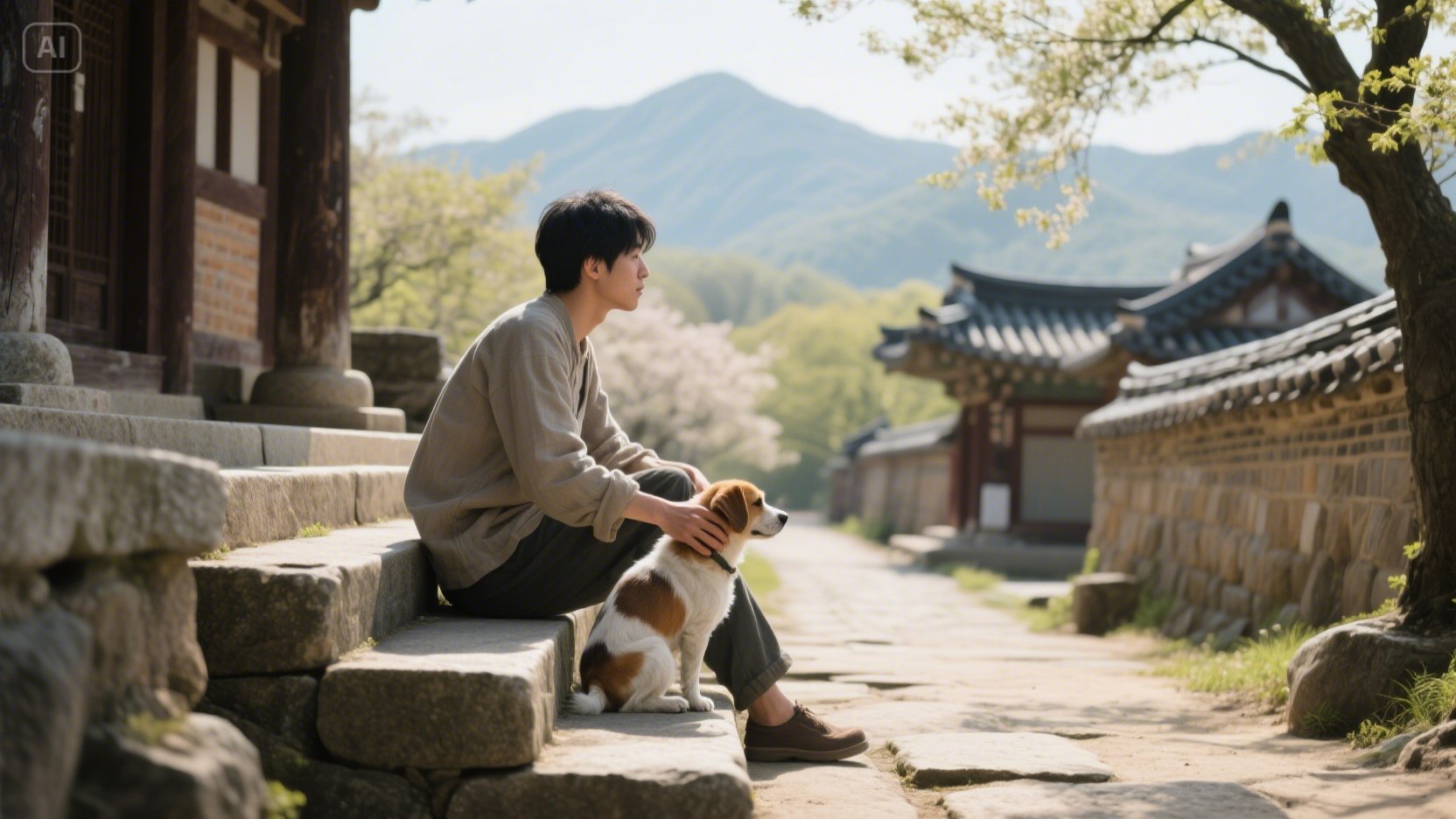 side_view_dog_and_owner_temple_path