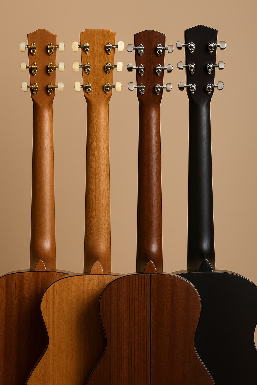 다양한 어쿠스틱 기타 넥이 뒷면