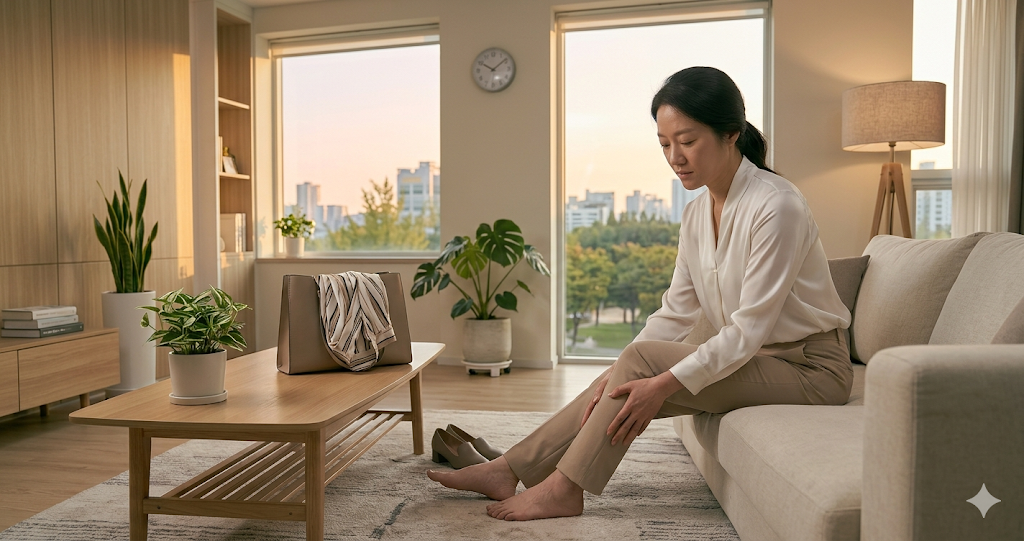 퇴근 후 소파에 앉아 다리가 붓고 무거운 여성 모습
