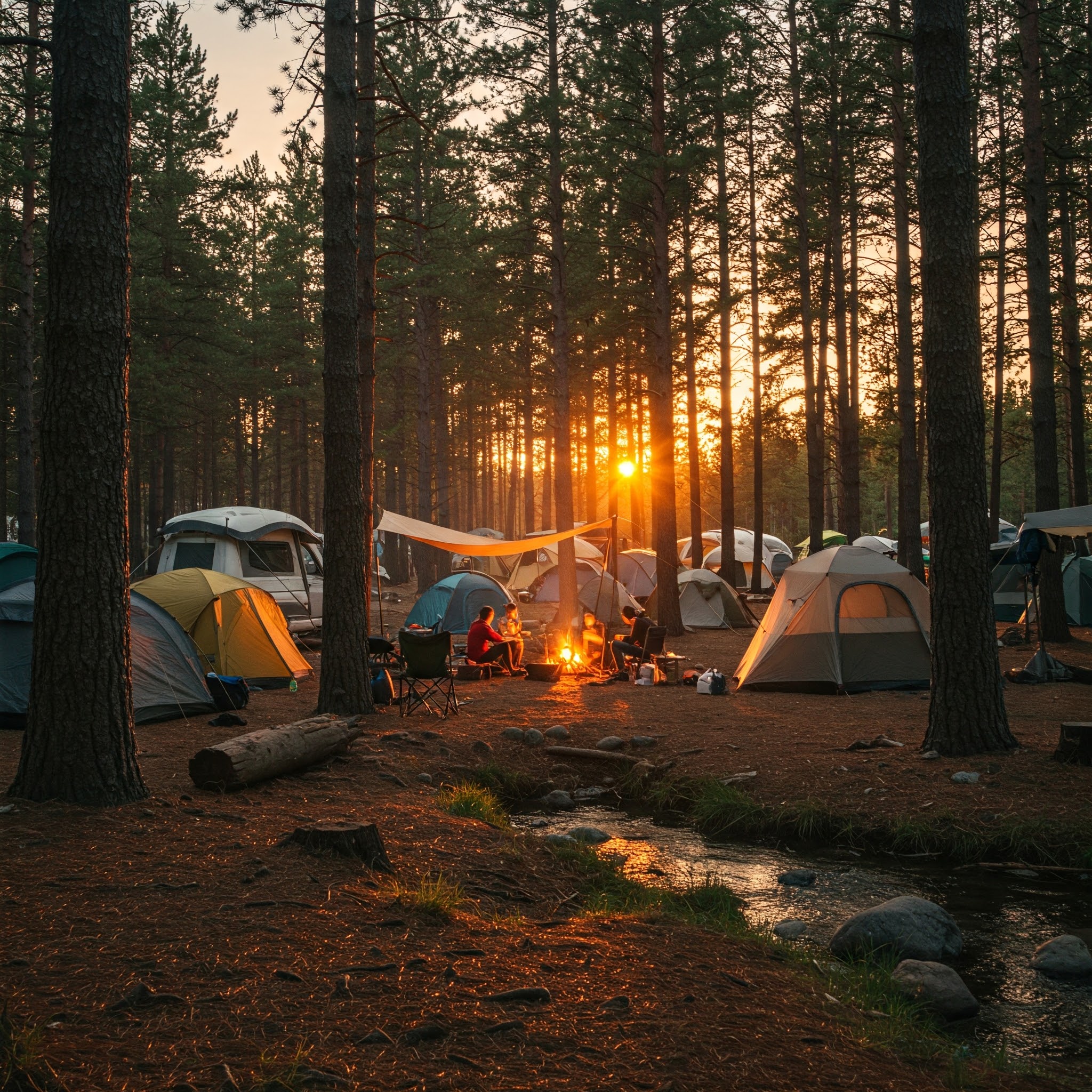 나무들 사이로 펼쳐진 텐트들이 캠핑장을 보여주고 있음
