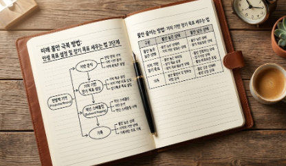 미래 불안 극복 방법과 인생 목표 설정 방법을 위해 자가 진단 테스트와 '5분 지연', '가치 기록' 전략을 도표로 정리한 집중 노트와 아날로그 시계 사진