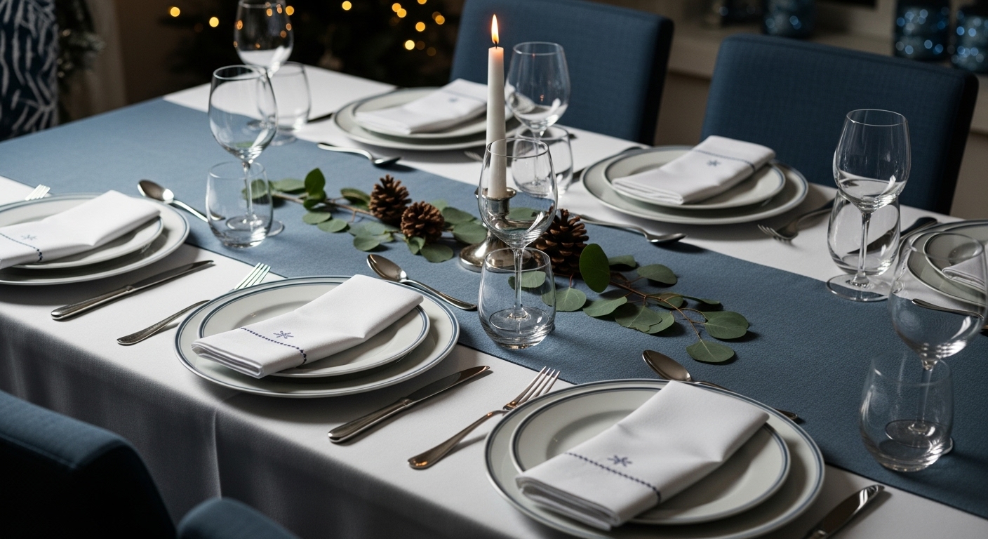 블루-그레이와 화이트 톤으로 세팅된 크리스마스 다이닝 테이블 중앙 장식
