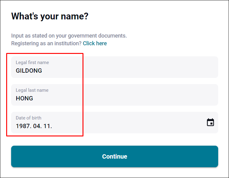 이름 정보 입력화면 first name은 Gildong&#44; Last name은 hong&#44; Date of birth는 1987. 04. 11. 로 적었음