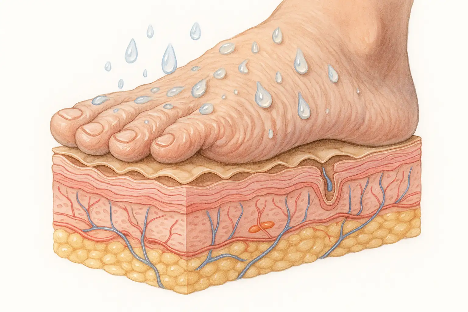 젖은 발바닥 단면을 보여주며 각질층이 부풀어 오른 모습과 피부 장벽이 약해지는 과정