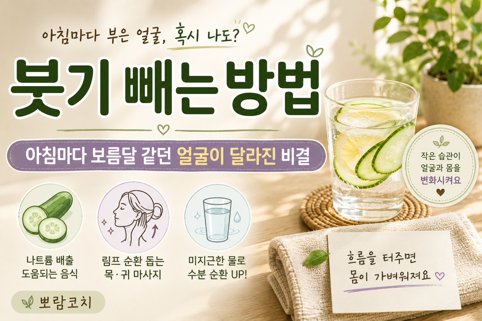 햇살이 드는 하얀 창가 옆 원목 테이블 위에 싱그럽게 놓인 슬라이스 오이가 담긴 물잔