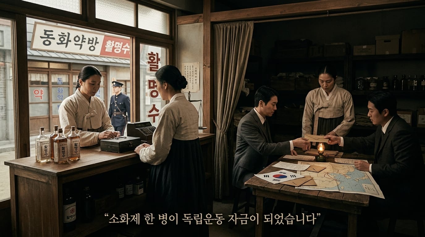 일제강점기 약방에서 활명수 병과 독립운동 연락 문서가 함께 놓여 있는 역사 재현 이미지