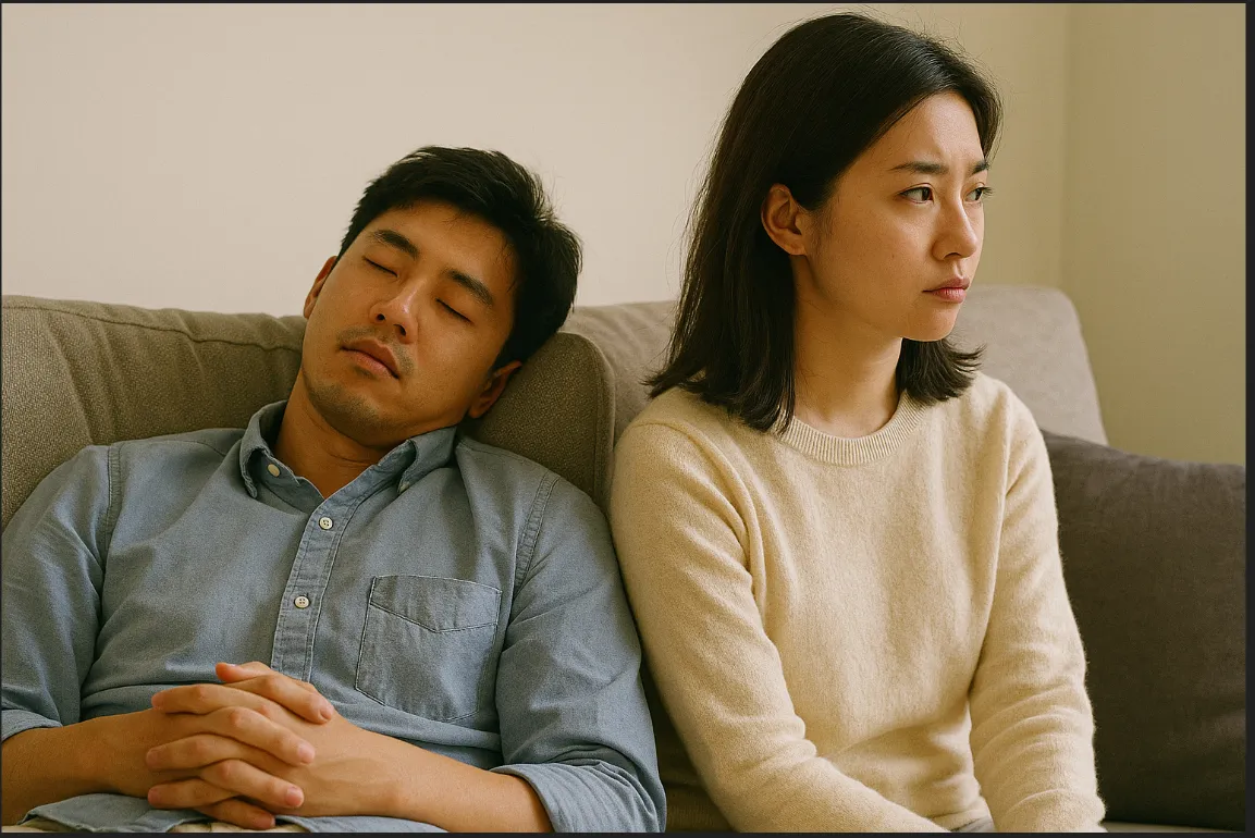 피곤해 하는 남자와 토라진 여자