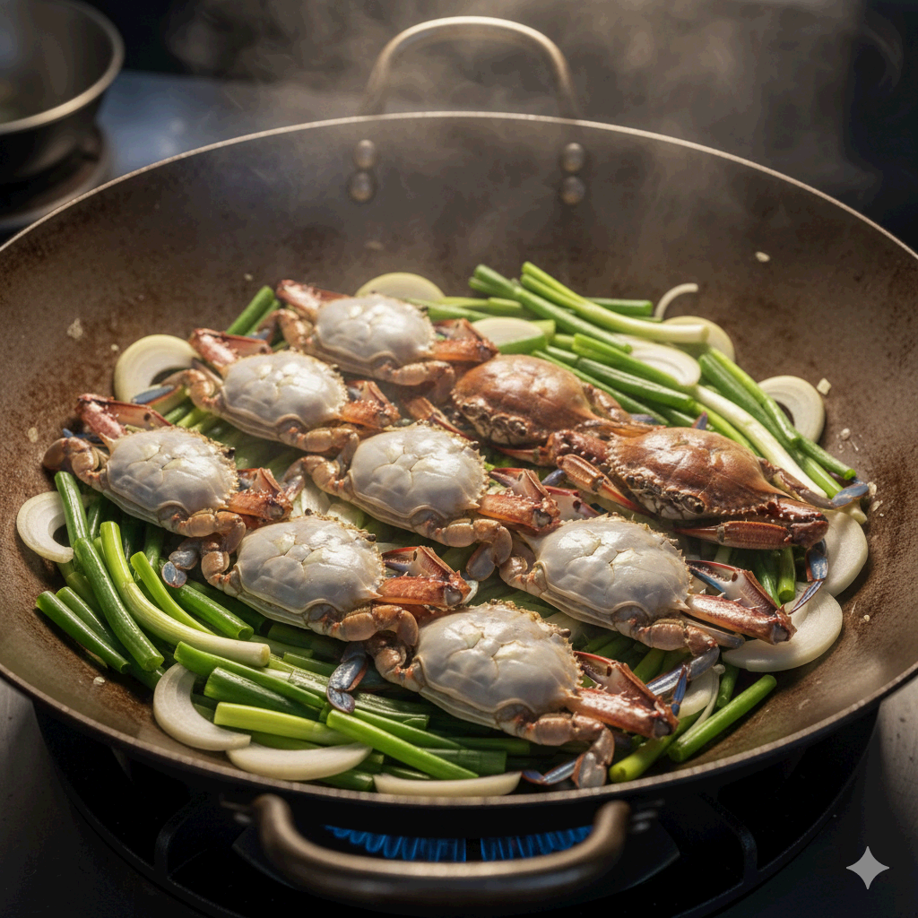 찜기 없이 냄비로 꽃게 찌기 위해 꽃게를 배가 보이도록 쌓아 올린 모습