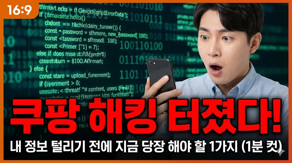 사용자의 놀란 표정과 해킹 코드를 배경으로 긴급성을 강조한 썸네일입니다.