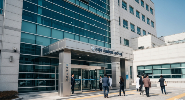 낮 시간대 깔끔한 종합병원 외관과 출입구를 비추는 전경 사진