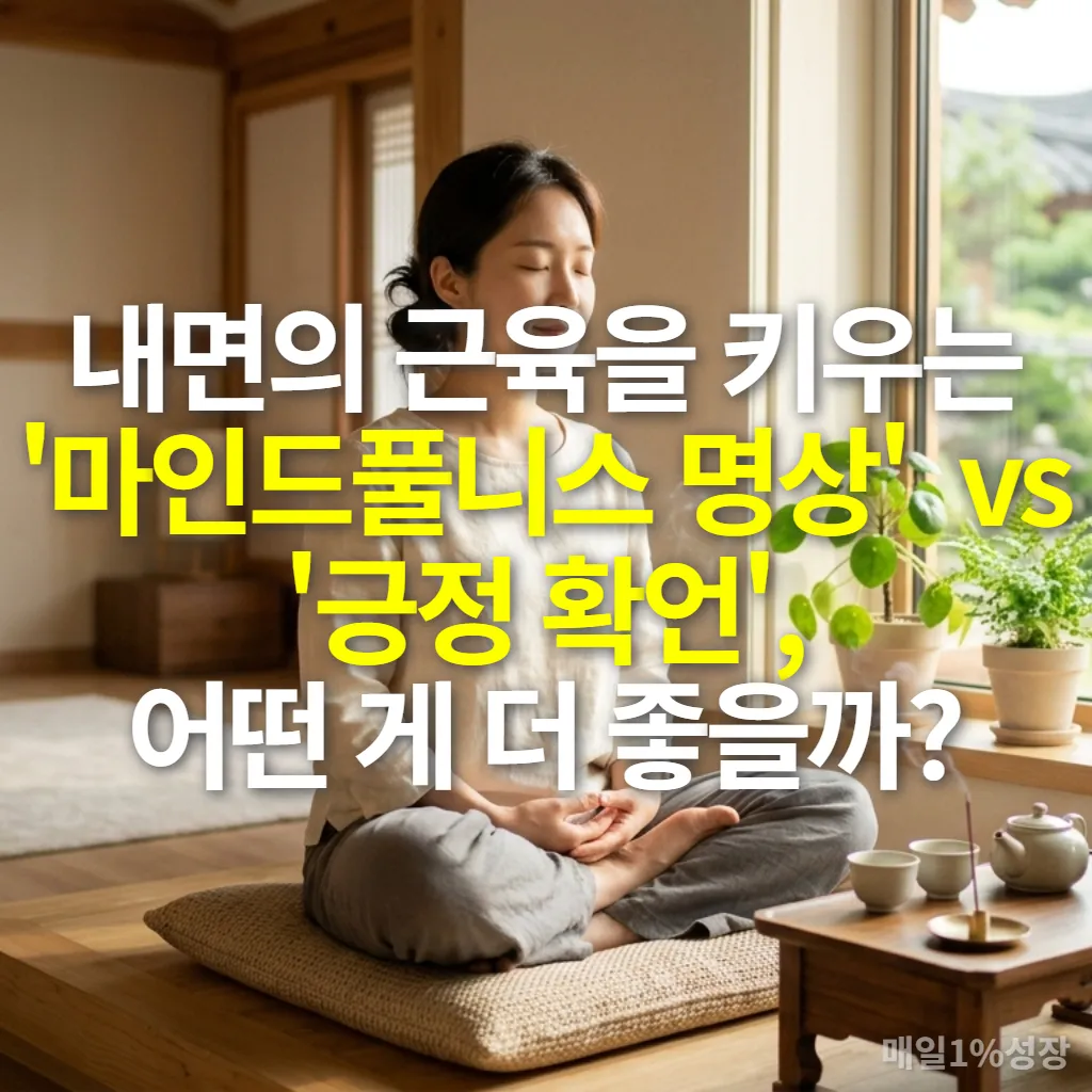 평온한 분위기의 한국인 여성이 거실에서 마인드풀니스 명상을 하는 모습