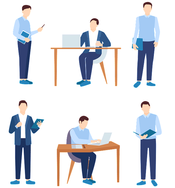 6명의 남자 직장인이 사무실에서 서서 일하거나, 앉아서 노트북으로 업무를 하고 있다.