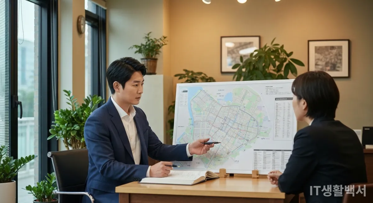 강남의 부동산 사무실에서 부동산 전문가와 도시 지도를 보며 상담하는 30대 한국 남성