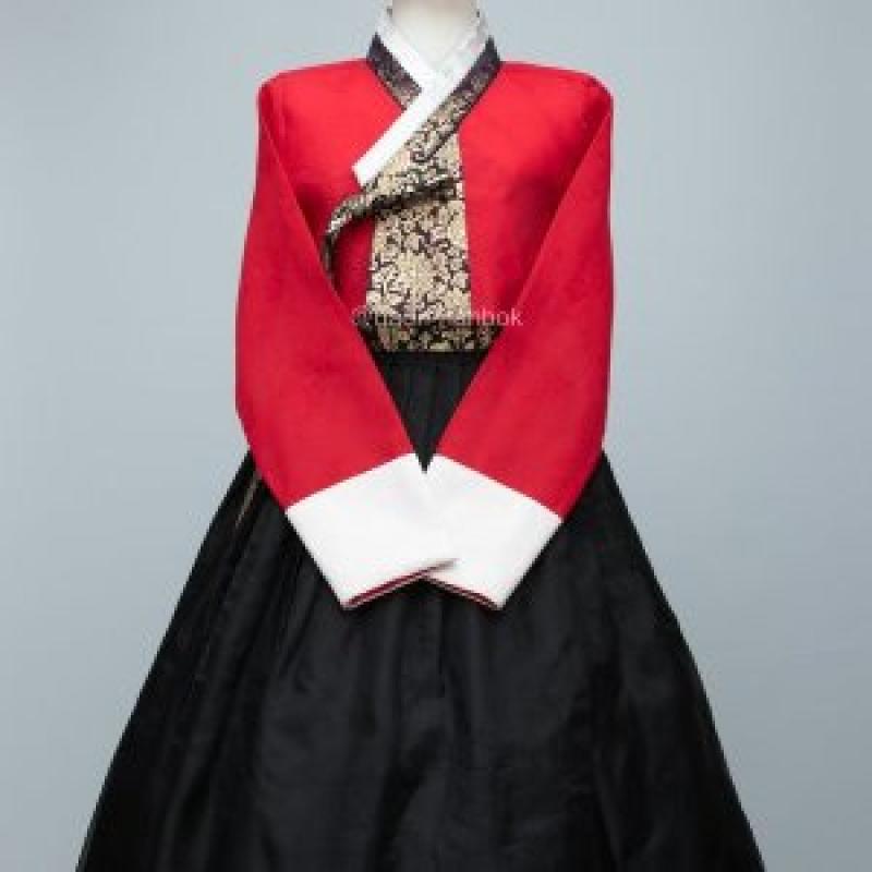 한복대여 여자파티한복 금박 빨간 저고리 검정 치마