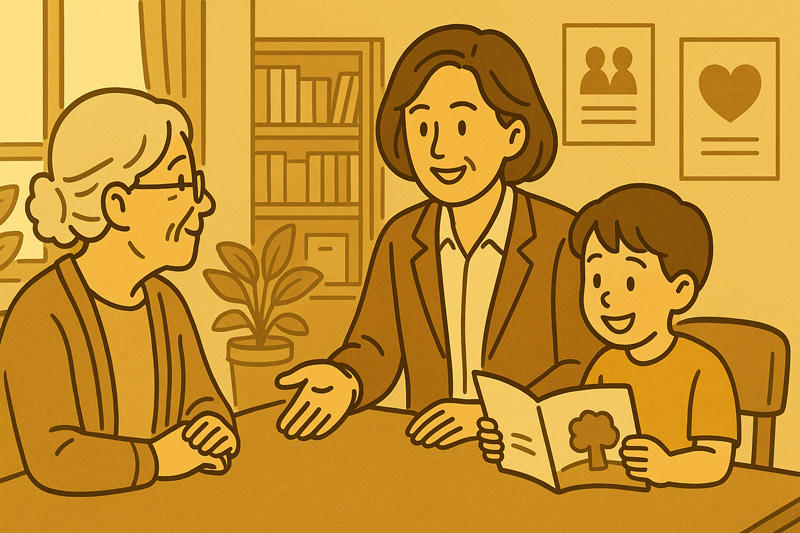 사회복지사가 노인과 아이에게 설명하며 상담하는 장면