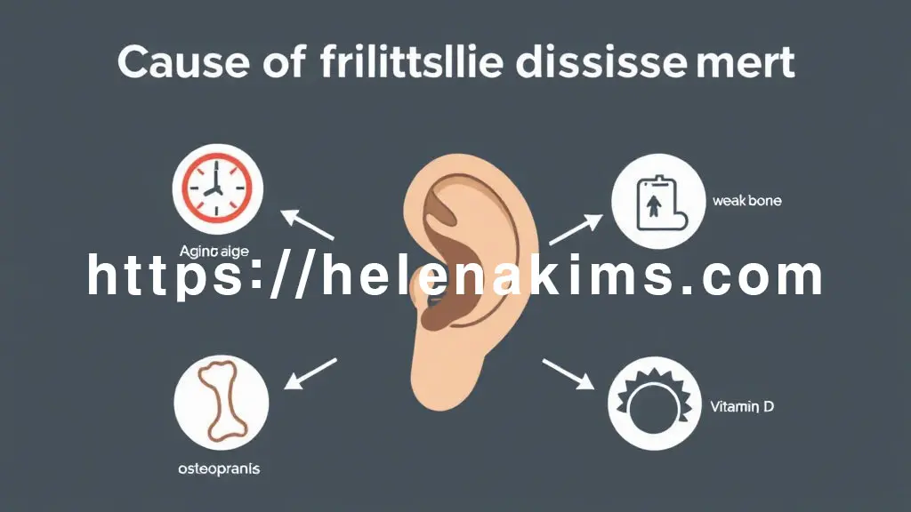 중앙에 간략화된 귀와 이석을 배치하고, 주변에 노화(시간 아이콘), 머리 충격(충격파), 골다공증(약한 뼈 아이콘), 비타민 D 부족(흐린 햇빛) 등 핵심 원인들을 상징적인 요소의 이미지.