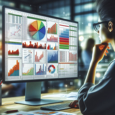 "대형 스크린에서 복잡한 데이터와 차트를 분석하는 사람"