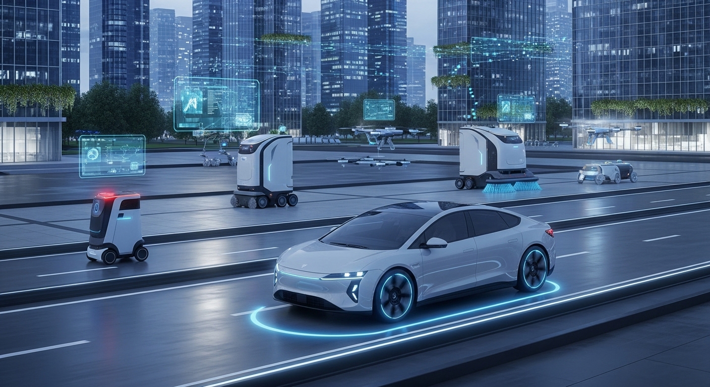 스마트 도시 도로를 주행하는 자율주행 전기차와 주변에서 작동하는 다양한 서비스 로봇들의 모습.