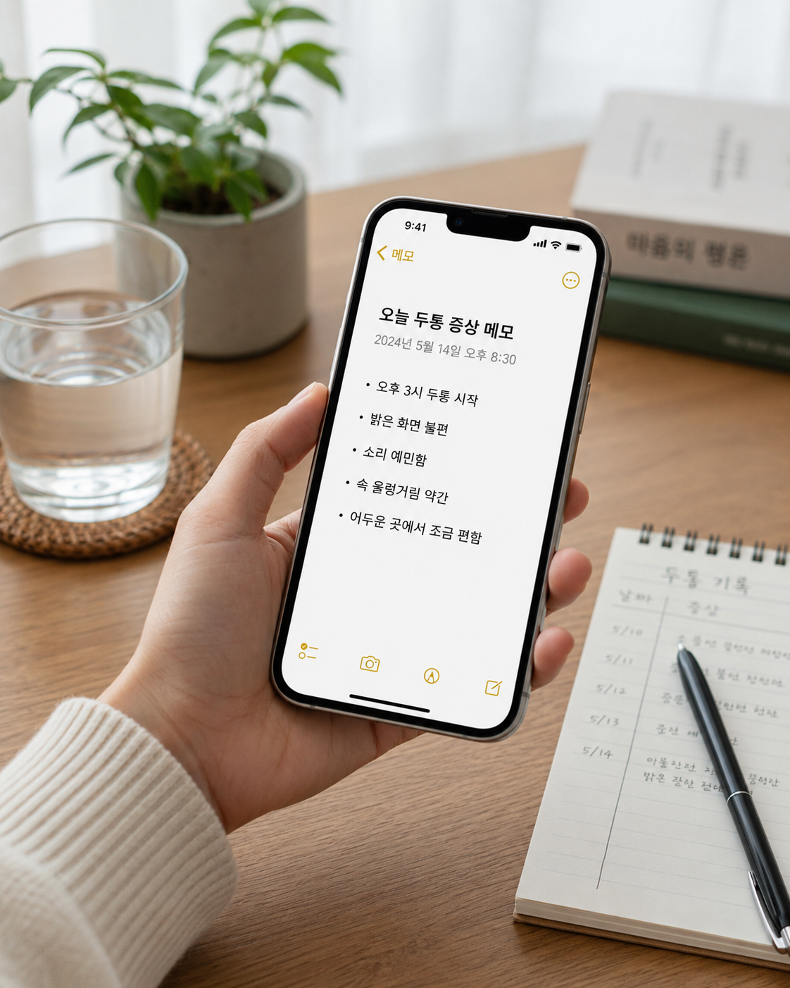두통이 있을 때 빛과 소리 불편감을 휴대폰에 기록하는 모습