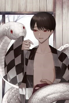 커다란-백사가-도포를-씌운-손가락을-물고있는-모습을-긴징하며-바라보는-용감한-남자