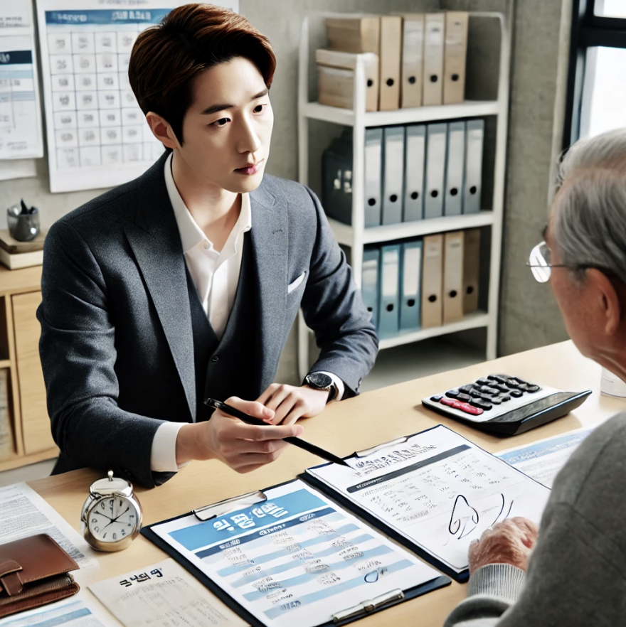 노령연금 절차 설명을 듣는 장면