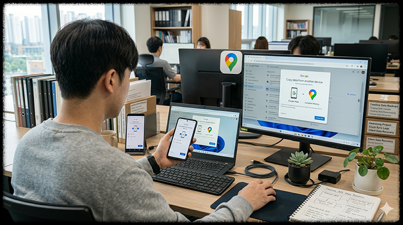 새 스마트폰에서 구글 타임라인을 복원하는 모습