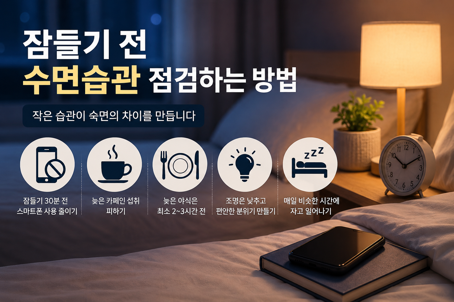 잠들기 전 침실에서 휴대폰을 내려놓고 조명과 물컵, 침구 상태를 확인하는 모습