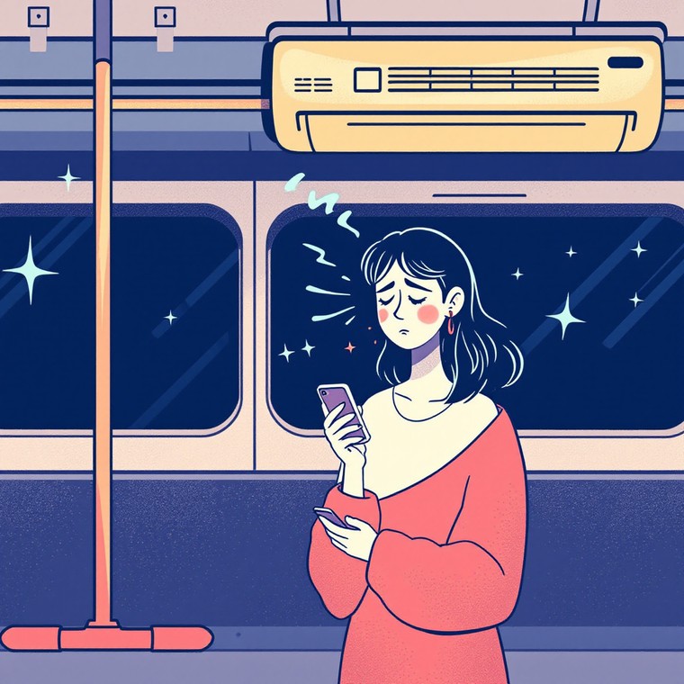 지하철안 더워서 힘들어하는 여성