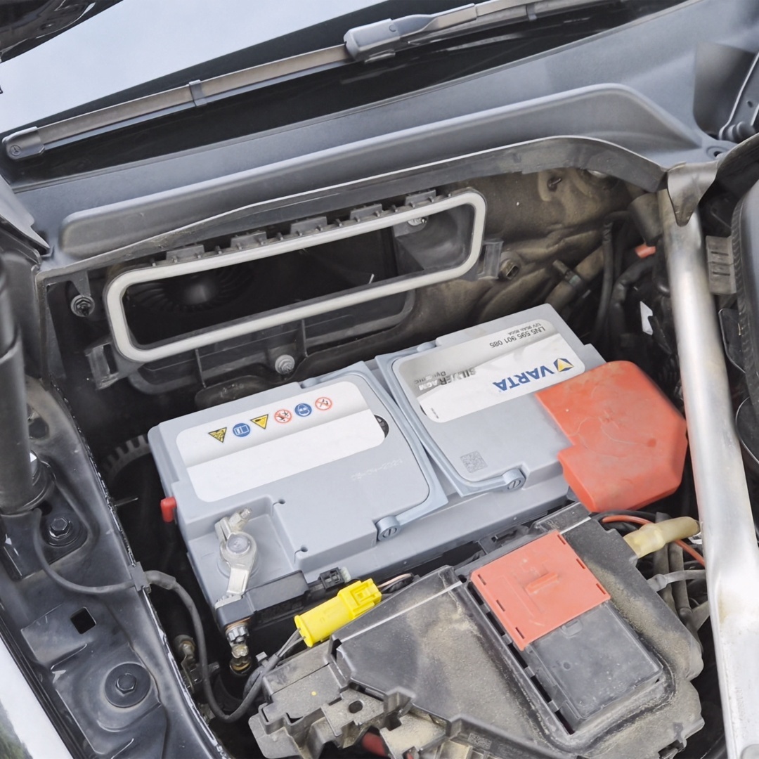 벤츠 E220d AMG Line 보닛 열었을 때, 배터리 뒤쪽에 위치한 에어컨 필터 장착 공간