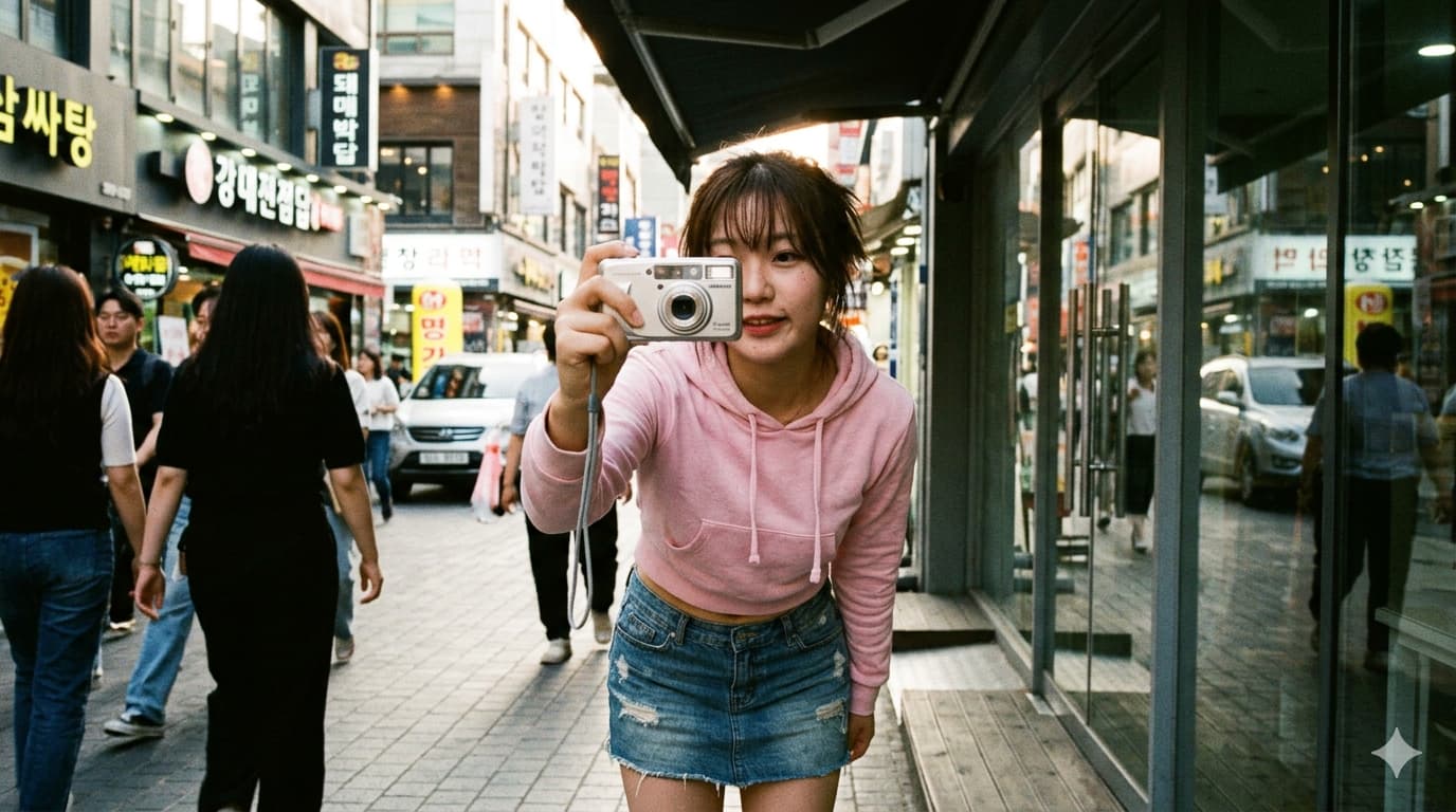 서울 거리에서 핑크색 크롭 후드를 입은 여성이 실버 색상의 삼성 케노스 빈티지 디카로 셀카를 찍고 있는 연출 사진.