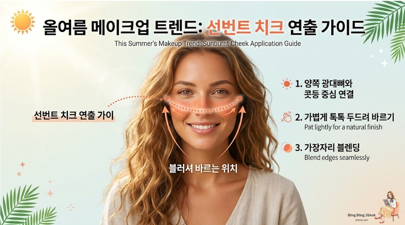 올여름 메이크업 트렌드인 선번트 치크를 연출하기 위해 양쪽 광대뼈와 콧등 중심을 가로지르는 블러셔 바르는 위치 가이드 라인