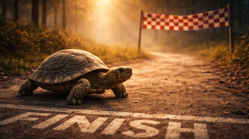 결승선이 보이는 길을 천천히 그러나 꾸준히 향해 가고 있는 거북이의 모습