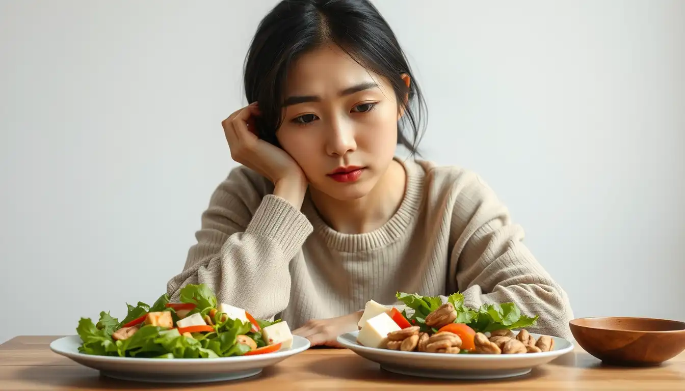 20대 한국 여성, 살짝 피곤한 모습으로 채식 식단이 놓인 식탁에 앉아 있음.