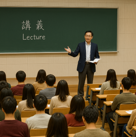 대학 강의실에서 강의를 하는 교수의 모습입니다.