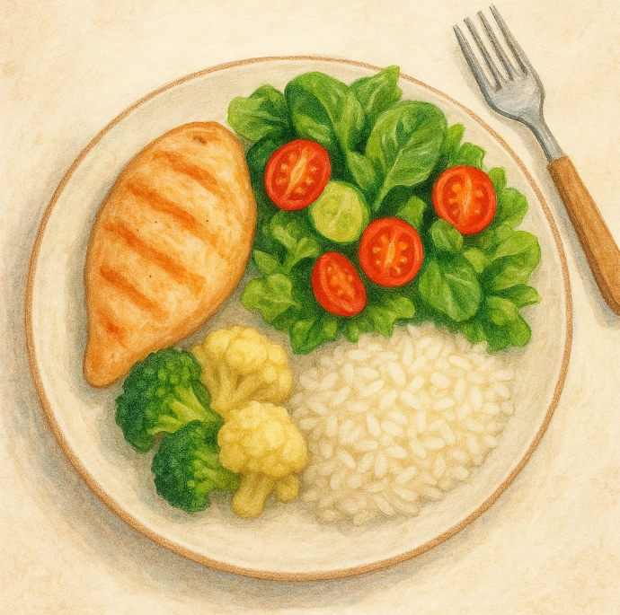 닭가슴살과 샐러드, 브로콜리, 쌀밥이 그릇 위에 담긴 사진