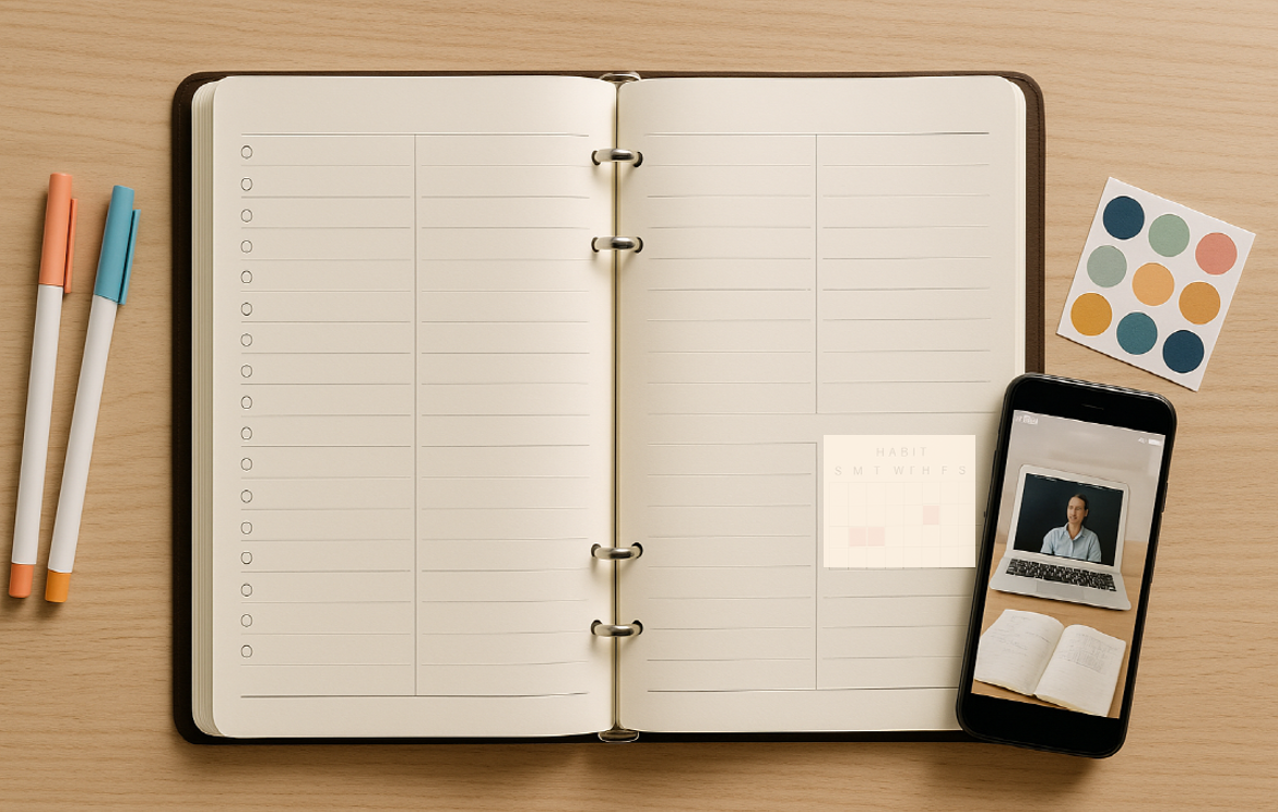 책상 위에 펼쳐진 플래너의 모습