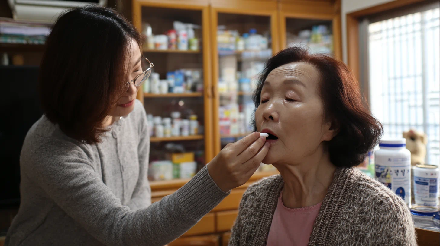 노인 환자가 약을 복용하는 장면, 보호자가 약 건네는 모습
