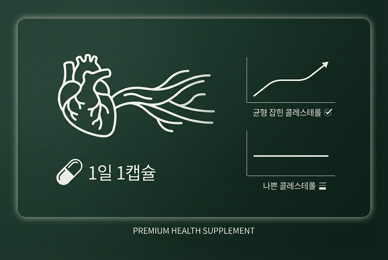 폴리코사놀의 혈중 콜레스테롤 관리 기능과 1일 1정 섭취 포인트를 요약한 인포그래픽