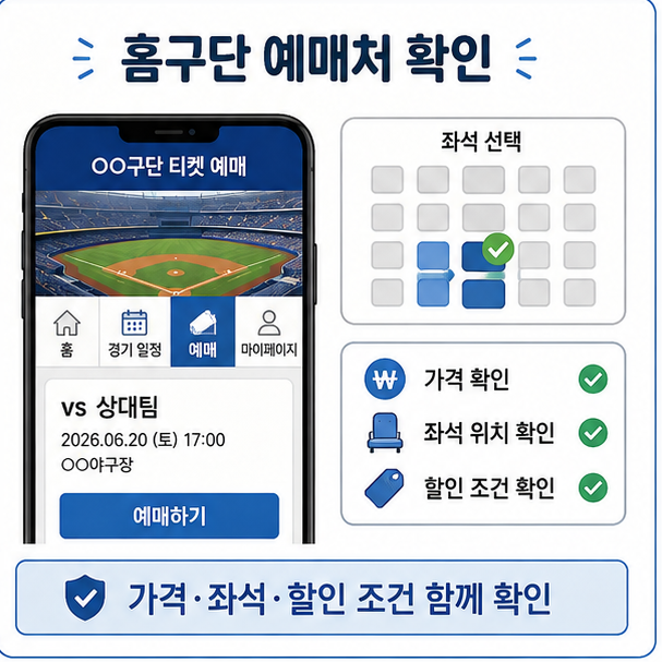 스마트폰 예매 화면에서 홈구단 예매처와 좌석, 할인 조건을 확인하는 이미지
