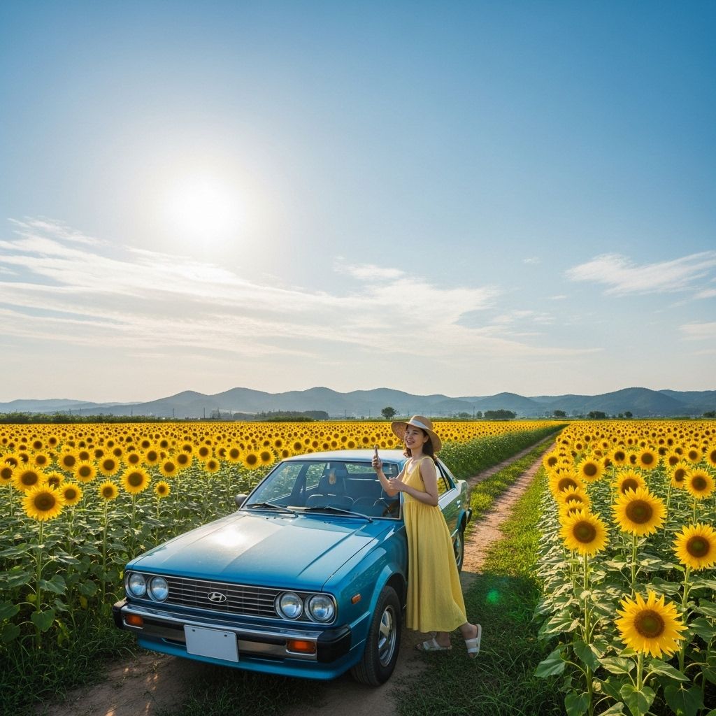 경차 사랑카드, 해바라기 밭과 자동차, 그리고 여성