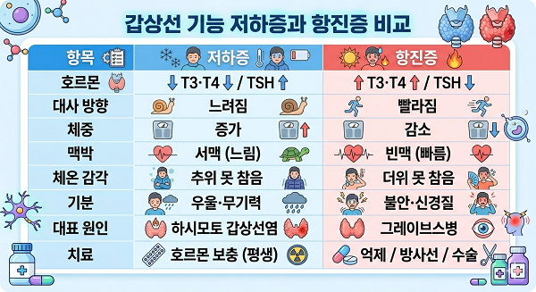 갑상선 기능 저하증과 항진증 비교